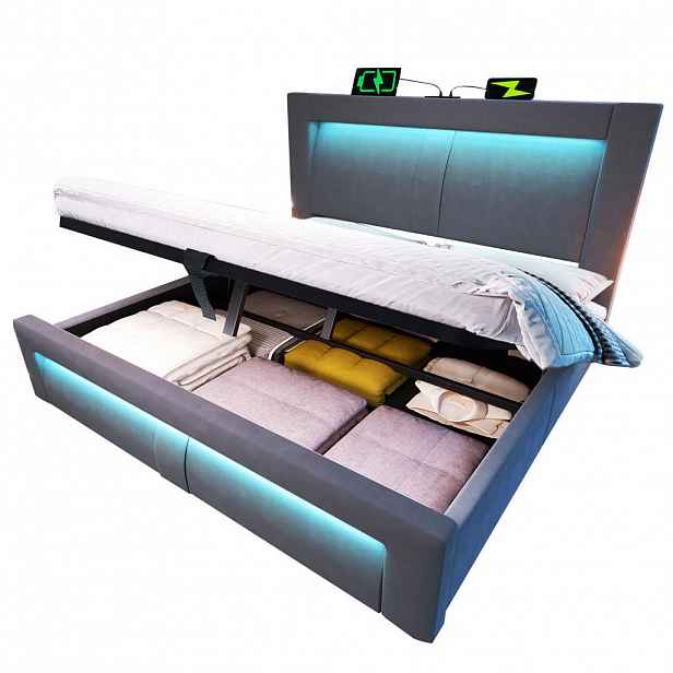 WISHDOR ČALOUNĚNÁ POSTEL 180/200 cm v šedém sametu s úložným prostorem, LED osvětlením, USB a Type-C