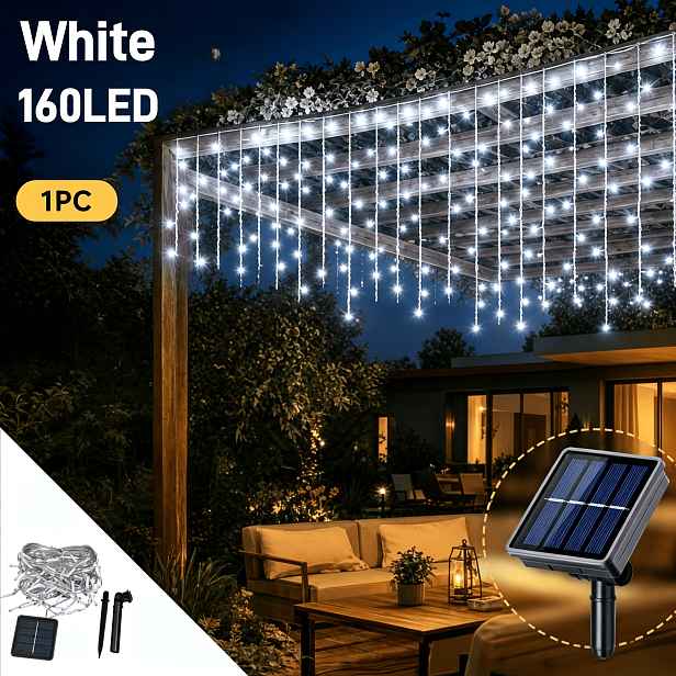 TEMU Solární venkovní rampouchová světla - 160/96 LED IP65, 8 režimů závěsová pohádková řetězová světla se zástrčkou, solární venkovní světla s
