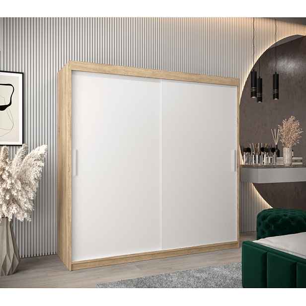 Šatní skříň Abi T0 s posuvnými dveřmi Barva korpusu: Dub Sonoma, Rozměry: 200 cm, Dveře: Bílá