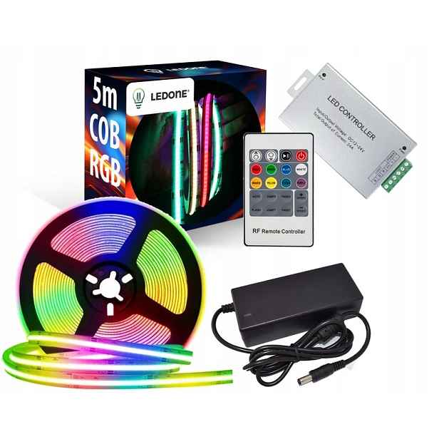 Set 5 m Led pásek 12V Rgb Cob 70W Dálkový Ovladač Rf 20 Napájecí adaptér