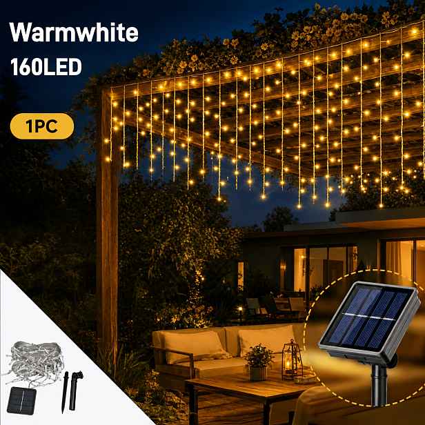 TEMU Solární venkovní rampouchová světla - 160/96 LED IP65, 8 režimů závěsová pohádková řetězová světla se zástrčkou, solární venkovní světla s