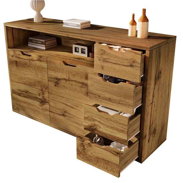 Redom KOMODA 150/40/90 cm s otevřenou přihrádkou, 2 dvířky, 4 zásuvkami a tichým dovíráním, dubová