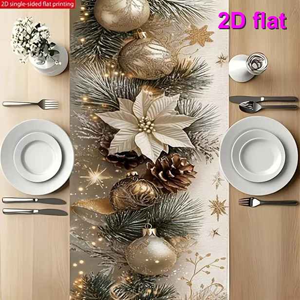 TEMU 1ks Běhoun na stůl, Vánoční borová větev se zlatými ozdobami, šiškou a vánoční hvězdou 2D plochý , Elegantní atmosférická dekorace, Vhodné pro