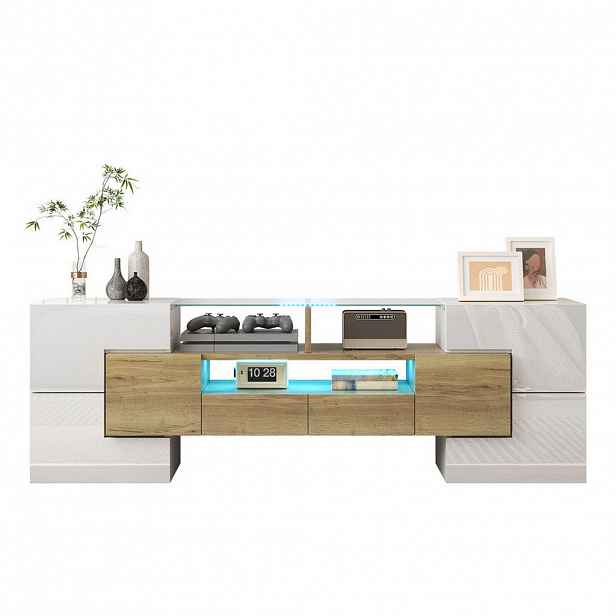 OKWISH TV stolek 145/30/51 cm bílá a zlatá z dřevotřískové desky s LED osvětlením a skleněnou deskou