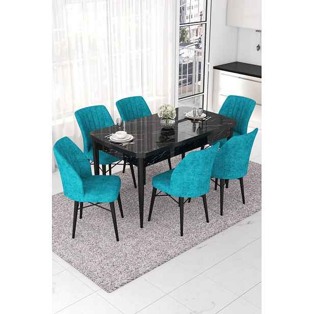 Extendable Dining Table & Chairs Set (7 Pieces) Nef - Black Marble, Turquoise