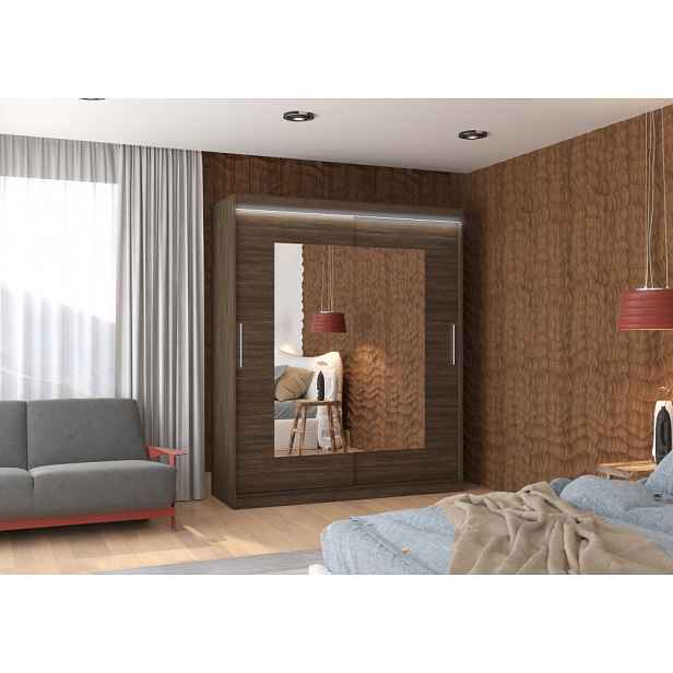Šatní skříň se zrcadlem 180 cm a LED osvětlením BALIA - tmavě hnědá