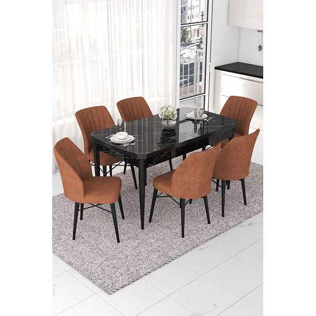 Extendable Dining Table & Chairs Set (7 Pieces) Nef - Black Marble, Tile Red