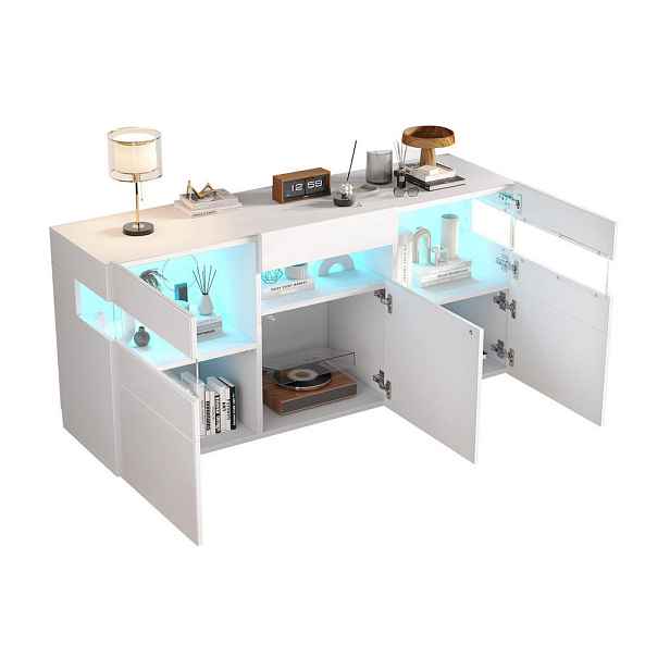 Modenvie SIDEBOARD, 140/40,5/66,5 cm, bílá z dřevotřísky, LED osvětlení ovládané aplikací