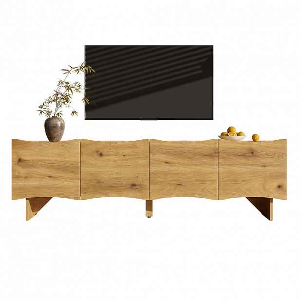 Modfu TV stolek z dřevotřísky 155x36x47 cm přírodní se 4 dvířky, vedením kabelů a vlnitým dekorem