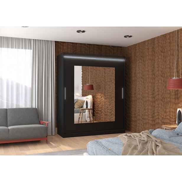 Šatní skříň se zrcadlem 180 cm a LED osvětlením BALIA - černá