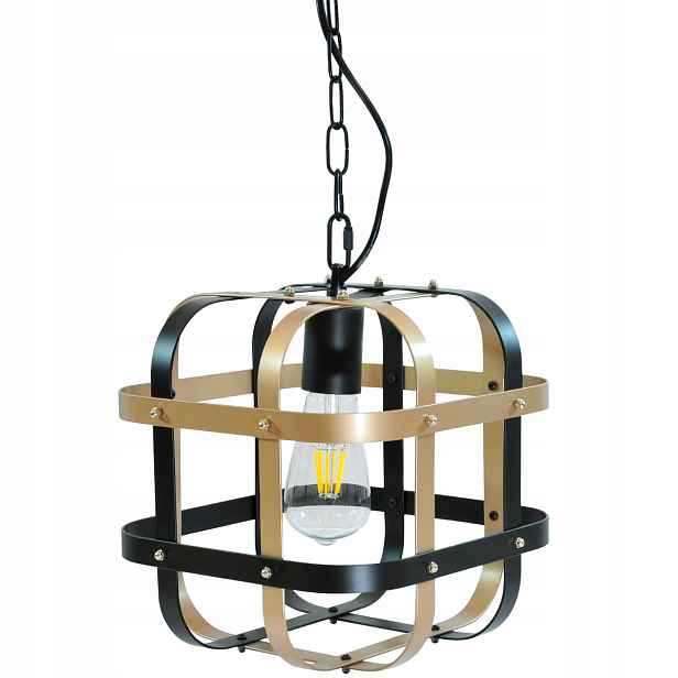 Závěsná lampa černá zlatá klec jutová šňůra retro boho na řetězu Polux