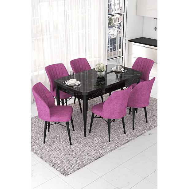Extendable Dining Table & Chairs Set (7 Pieces) Nef - Black Marble, Purple