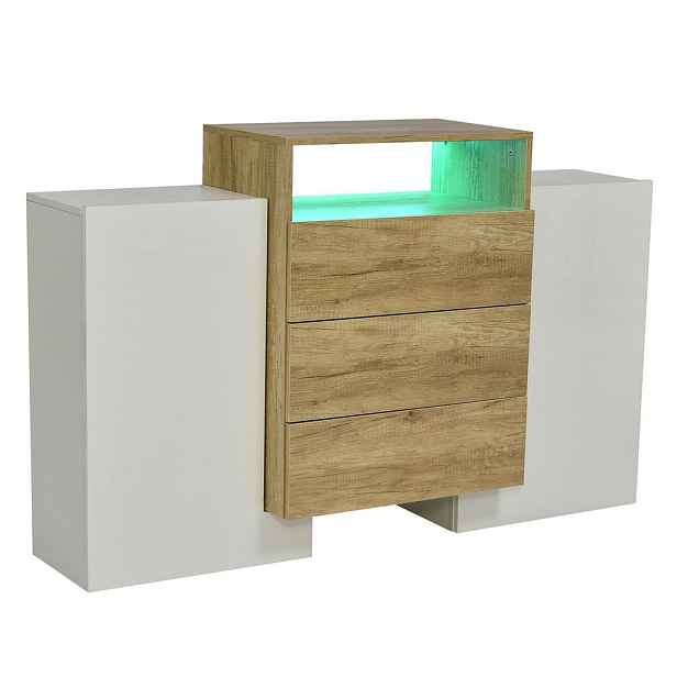 Modenvie SIDEBOARD z MDF, 140/30/77,5 cm, bílá a v dekoru dřeva s vícebarevným LED osvětlením