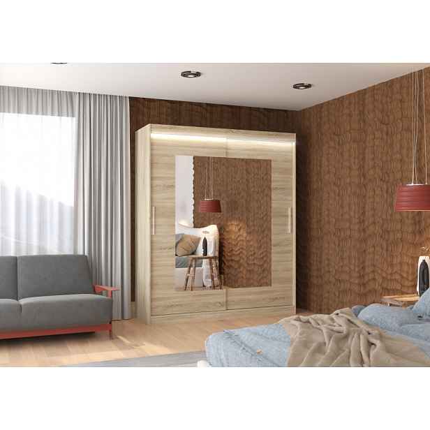 Šatní skříň se zrcadlem 180 cm a LED osvětlením BALIA - dub sonoma