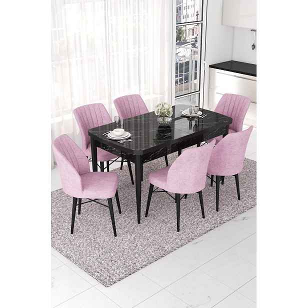 Extendable Dining Table & Chairs Set (7 Pieces) Nef - Black Marble, Pink