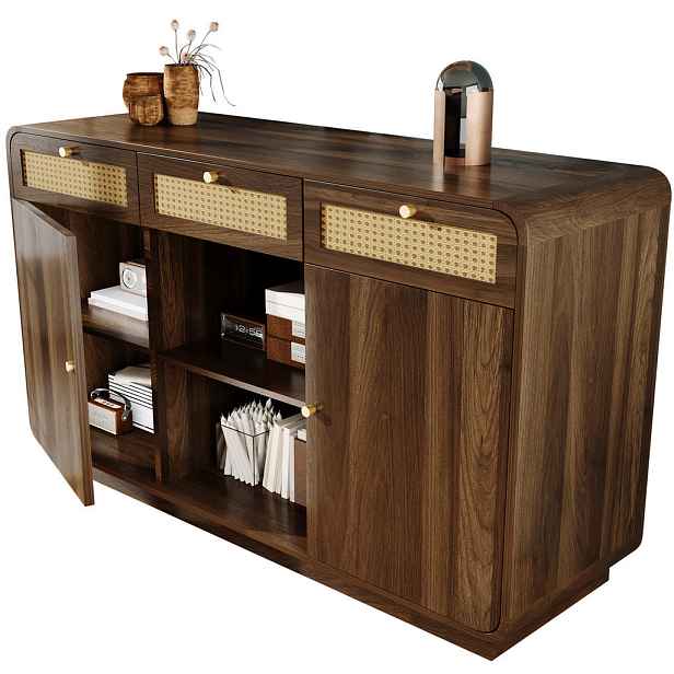 Modenvie SIDEBOARD 120/40/85 cm z MDF a dřevotřísky v dekoru ořechu s ratanem