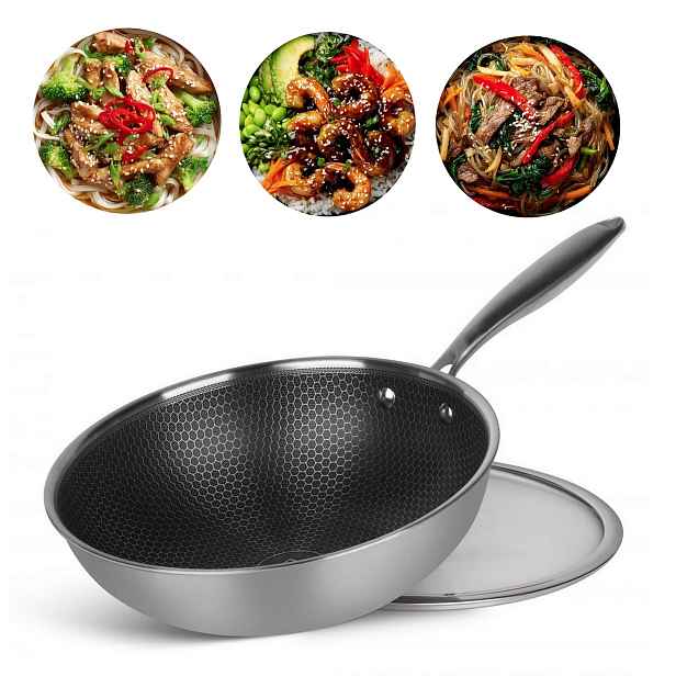 Ocelová Pánev S Víkem Wok Tradiční Medová Plástev 28 cm EB-7655