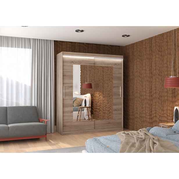 Šatní skříň se zrcadlem 180 cm a LED osvětlením BALIA - dub lanýž