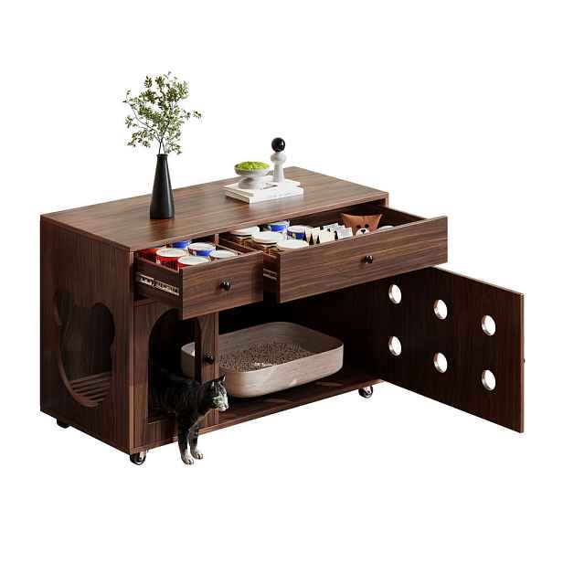 EVRYAE SIDEBOARD Skříňka na kočičí toaletu v designu komody, ventilační otvory a úložný prostor zásuvky MDF vzhled dřeva