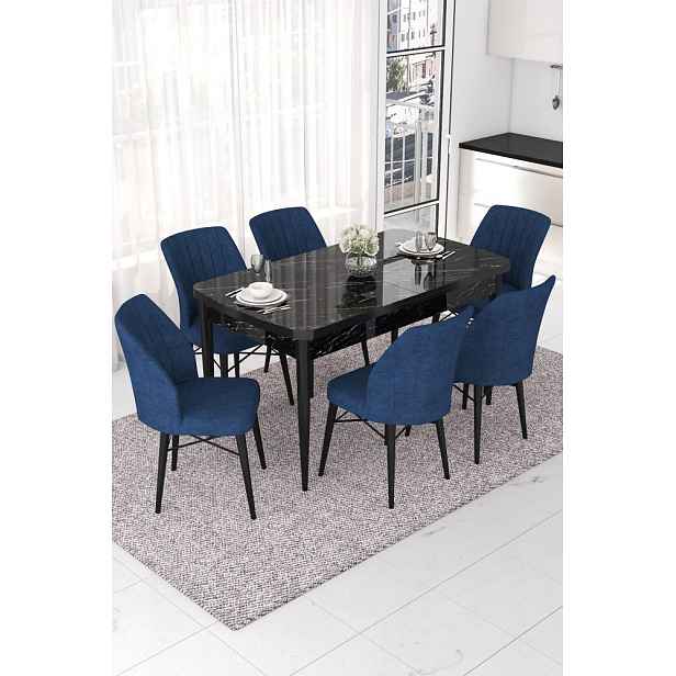 Extendable Dining Table & Chairs Set (7 Pieces) Nef - Black Marble, Navy Blue