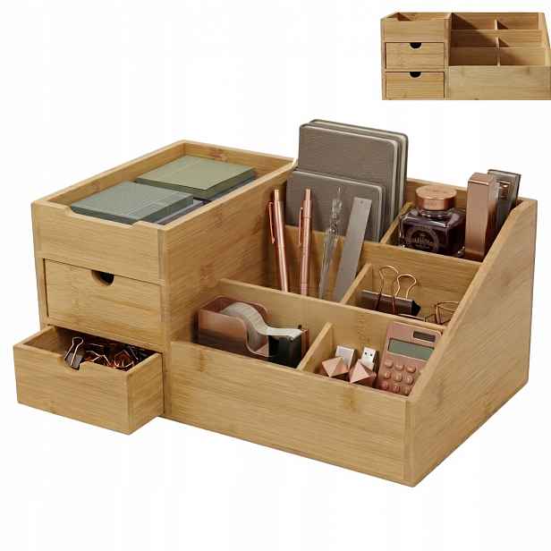 Bambusový Organizér Se 2 Zásuvkami, 6 Přihrádek, Hnědý, 33 X 20 X 15,4 CM