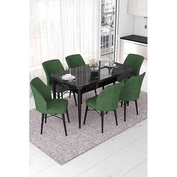 Extendable Dining Table & Chairs Set (7 Pieces) Nef - Black Marble, Khaki