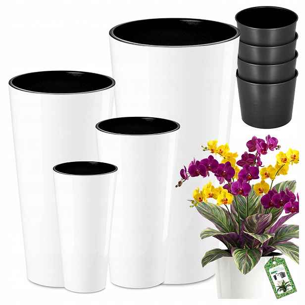 Set 4x Květináče Bílé Lesklé Zahradní Květináče Květináč Na Balkon Vložky