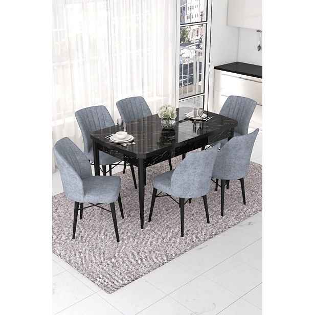 Extendable Dining Table & Chairs Set (7 Pieces) Nef - Black Marble, Grey