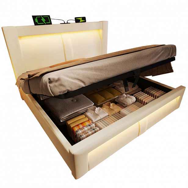 OKWISH DVOULŮŽKOVÁ postel 180/200 cm béžová ze sametu s LED osvětlením, USB a úložným prostorem
