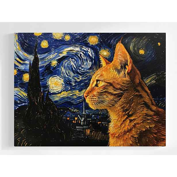 Plakát Olej Van Gogh Hvězdná Noc Rudá Kočka Kocur 100x75