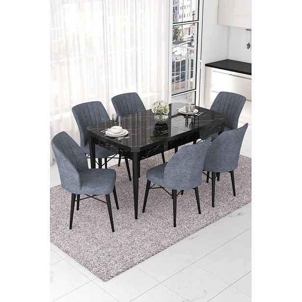 Extendable Dining Table & Chairs Set (7 Pieces) Nef - Black Marble, Fume