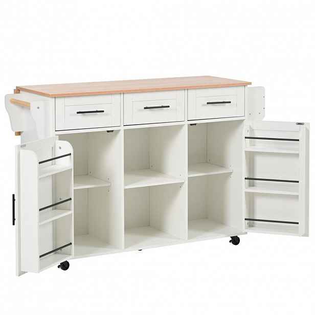 OKWISH KUCHYŇSKÝ vozík 139/46(71)/91,5 cm bílý z MDF s výklopnou deskou a úložným prostorem