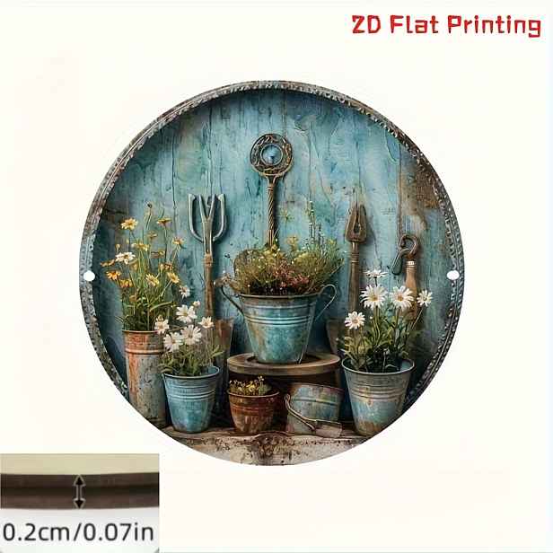 TEMU 2D Plochý, Bohémský Kulatý Dřevěný Nástěnný Znak s Vintage Zahradním Nářadím & Květinovým Designem - Rustikální Modrá Vhodná pro Domov, Kavárnu,