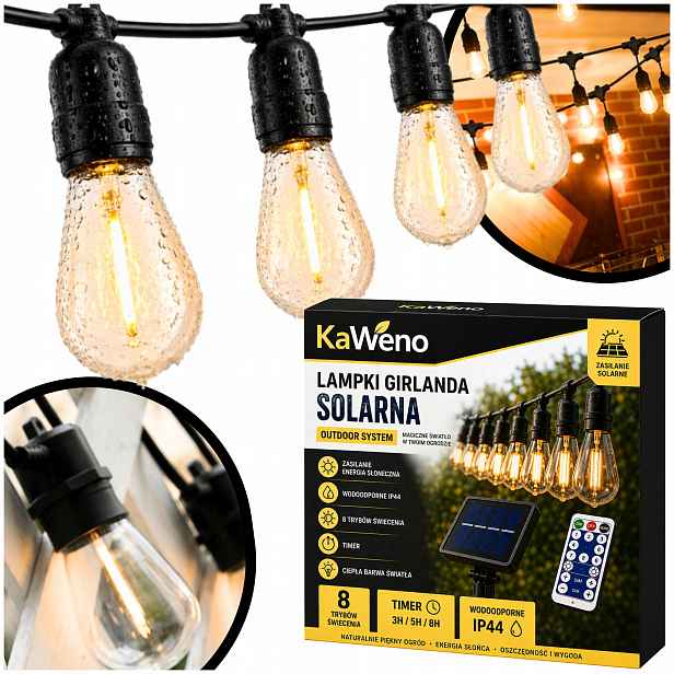 Zahradní solární girlanda 10 m s Led žárovkami E27 a dálkovým ovládáním