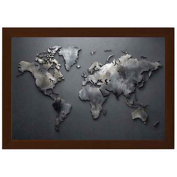 Plakát Rámeček Dřevo Mapa Světa Kovový Šedý Industrial Loft 60x40