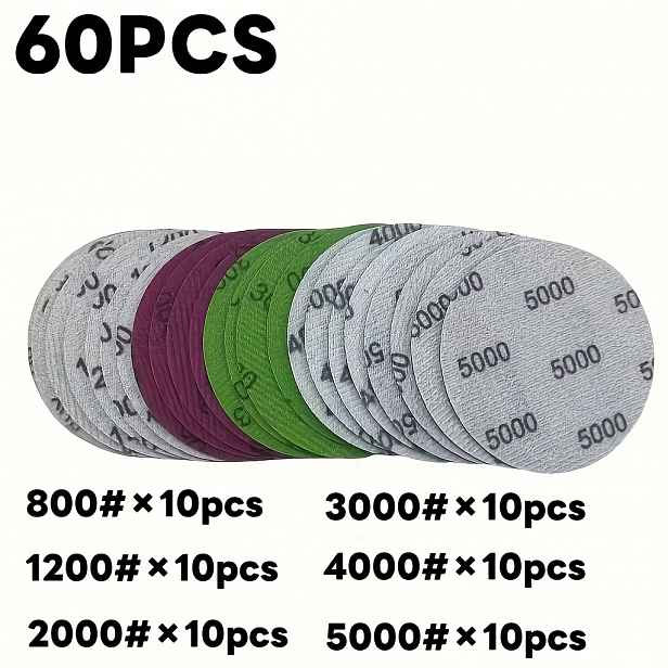TEMU Sada 60 lešticích kotoučů o velikosti 125 mm, vhodné pro suché i mokré leštění, s velikostí zrnitosti 800, 1200, 2000, 3000, 4000 . Tato vysoce