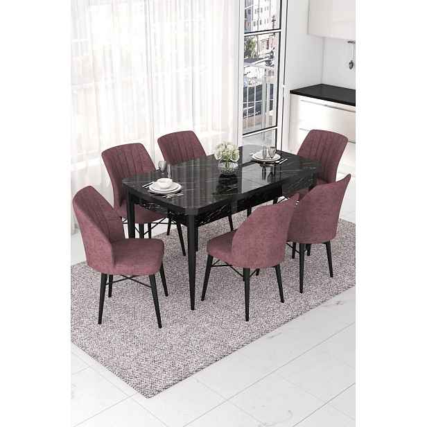 Extendable Dining Table & Chairs Set (7 Pieces) Nef - Black Marble, Dusty Rose