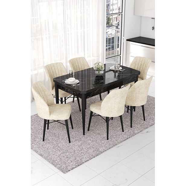 Extendable Dining Table & Chairs Set (7 Pieces) Nef - Black Marble, Cream