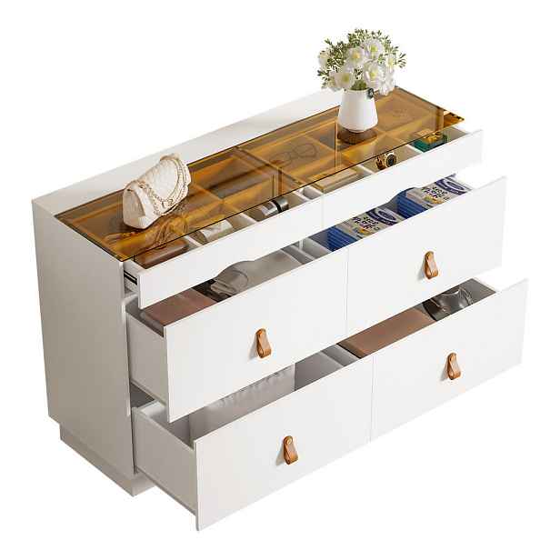 EVRYAE KOMODA Šperkovnice se skleněnou deskou ESG a 6 zásuvkami, MDF Bílá 120x78x40cm bezpečnostní sklo