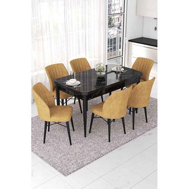 Extendable Dining Table & Chairs Set (7 Pieces) Nef - Black Marble, Cappuccino