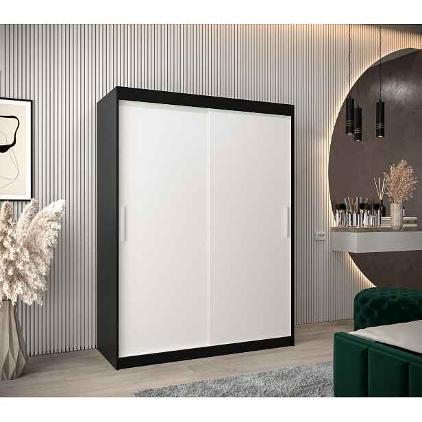 Šatní skříň Abi T0 s posuvnými dveřmi Barva korpusu: Černá, Rozměry: 150 cm, Dveře: Bílá