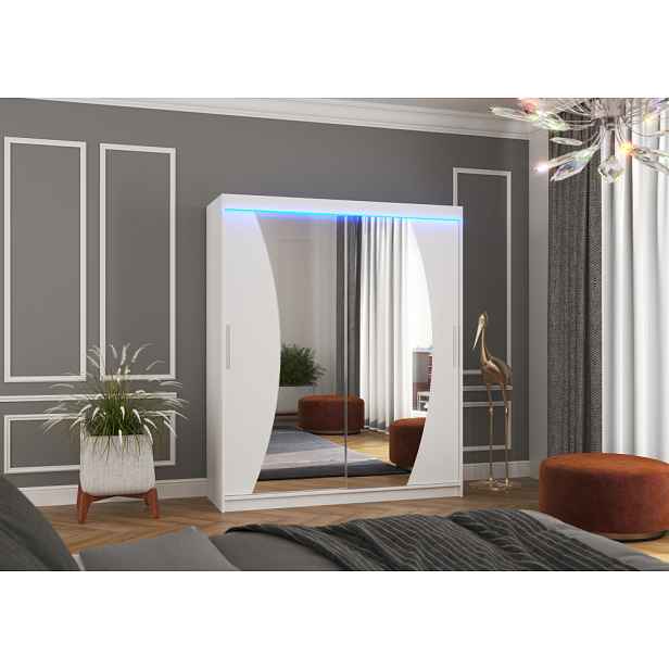 Šatní skříň se zrcadlem a LED osvětlením 180 cm FANLIA - bílá