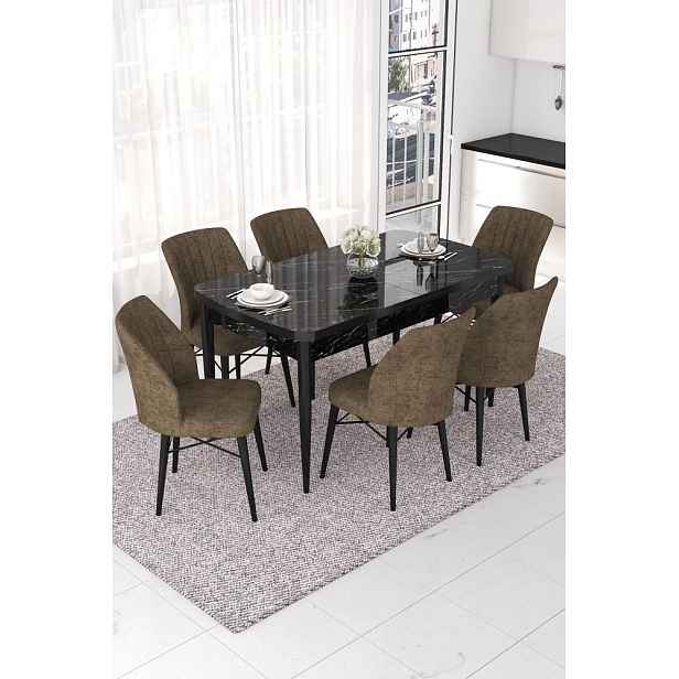 Extendable Dining Table & Chairs Set (7 Pieces) Nef - Black Marble, Brown
