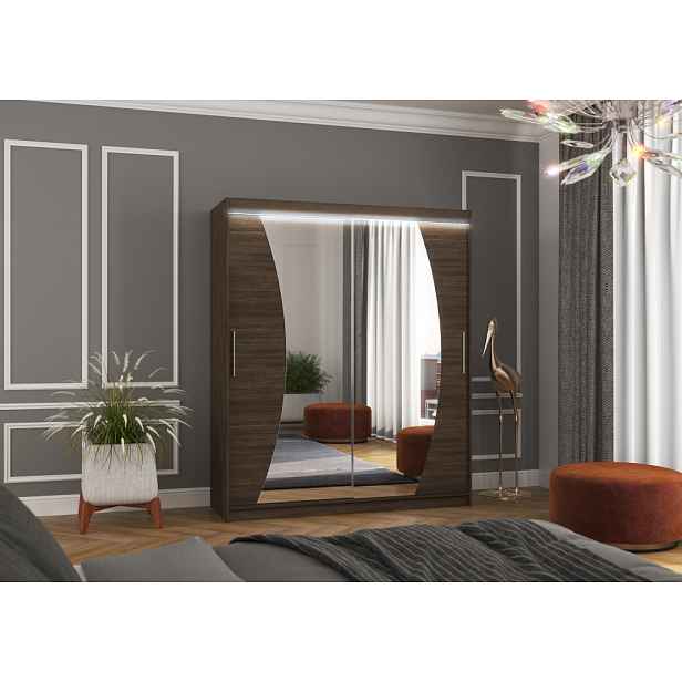 Šatní skříň se zrcadlem a LED osvětlením 180 cm FANLIA - tmavě hnědá