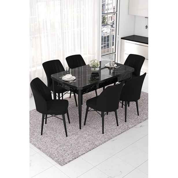 Extendable Dining Table & Chairs Set (7 Pieces) Nef - Black Marble, Black