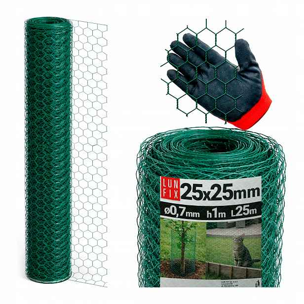 Hexagonální síť 100 cm kovová na balkon pro kočky 25x25 mm zelená 25 m