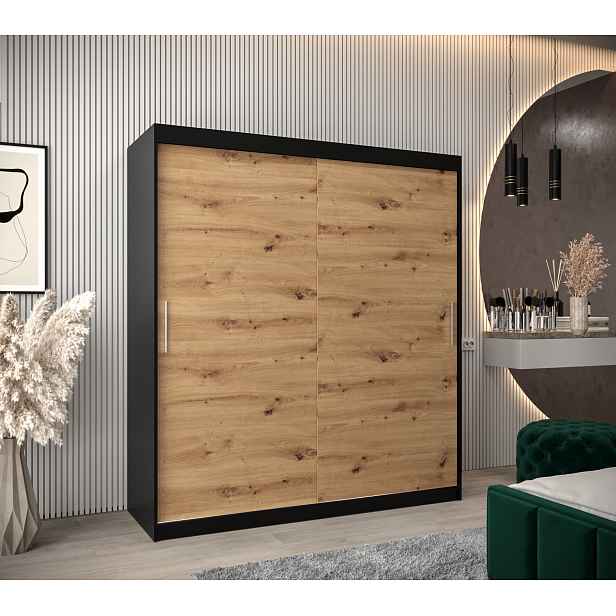 Šatní skříň Abi T0 s posuvnými dveřmi Barva korpusu: Černá, Rozměry: 180 cm, Dveře: Dub artisan