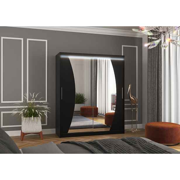 Šatní skříň se zrcadlem a LED osvětlením 180 cm FANLIA - černá