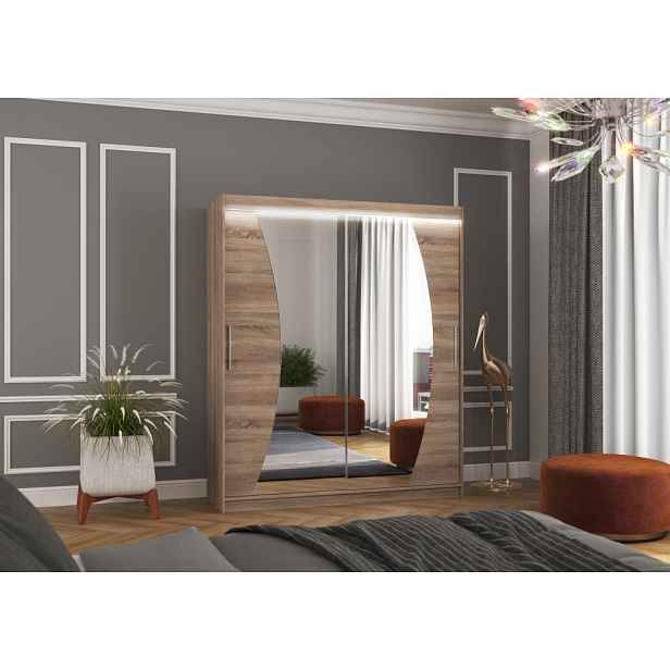 Šatní skříň se zrcadlem a LED osvětlením 180 cm FANLIA - dub lanýž