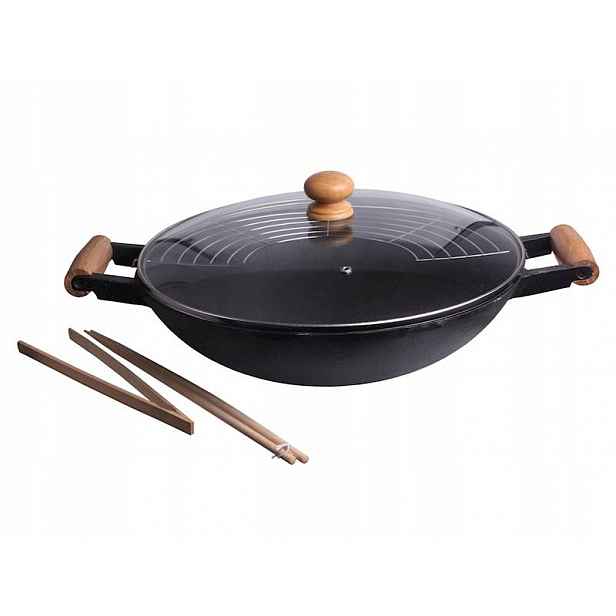 Wok pánev Cast Iron 35 cm wok s příslušenstvím, velká sada do asijské kuchyně